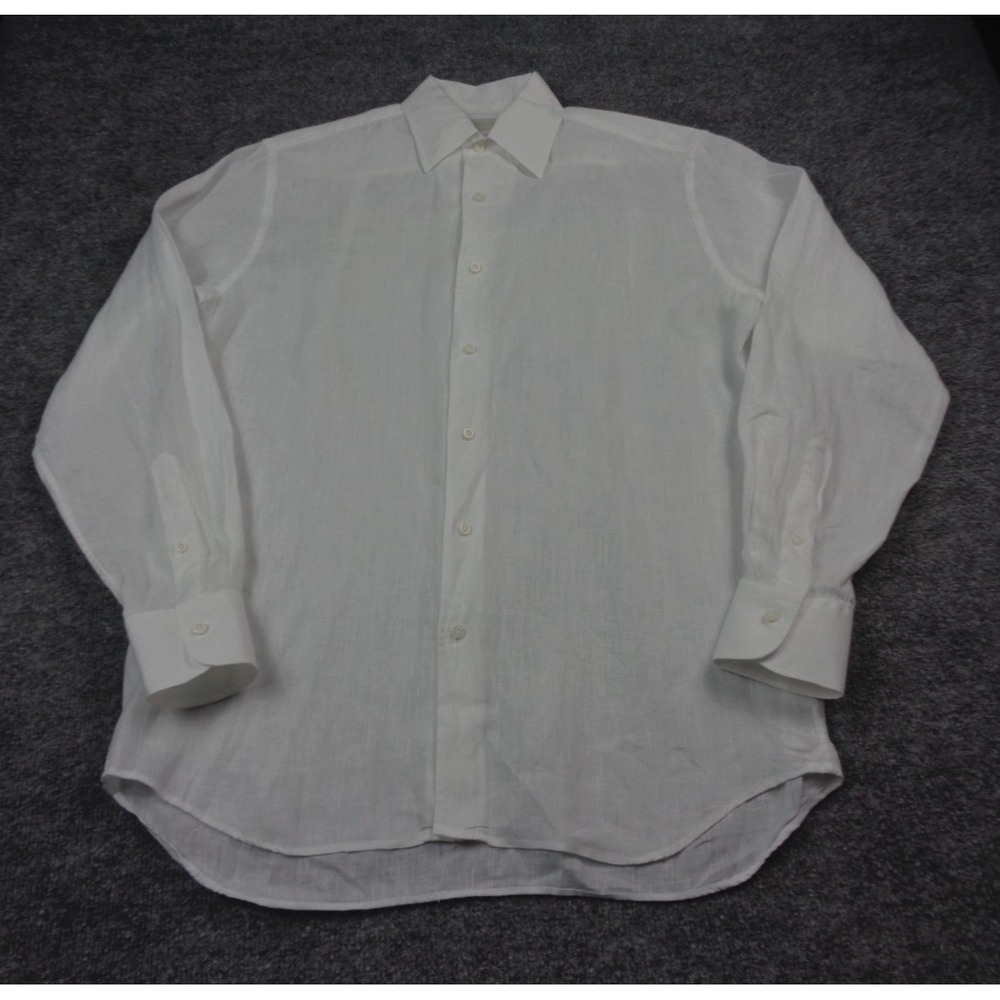 Saman Amel Linen Shirt White 15 3/4 40 Long Sleeve Button Up Luxury